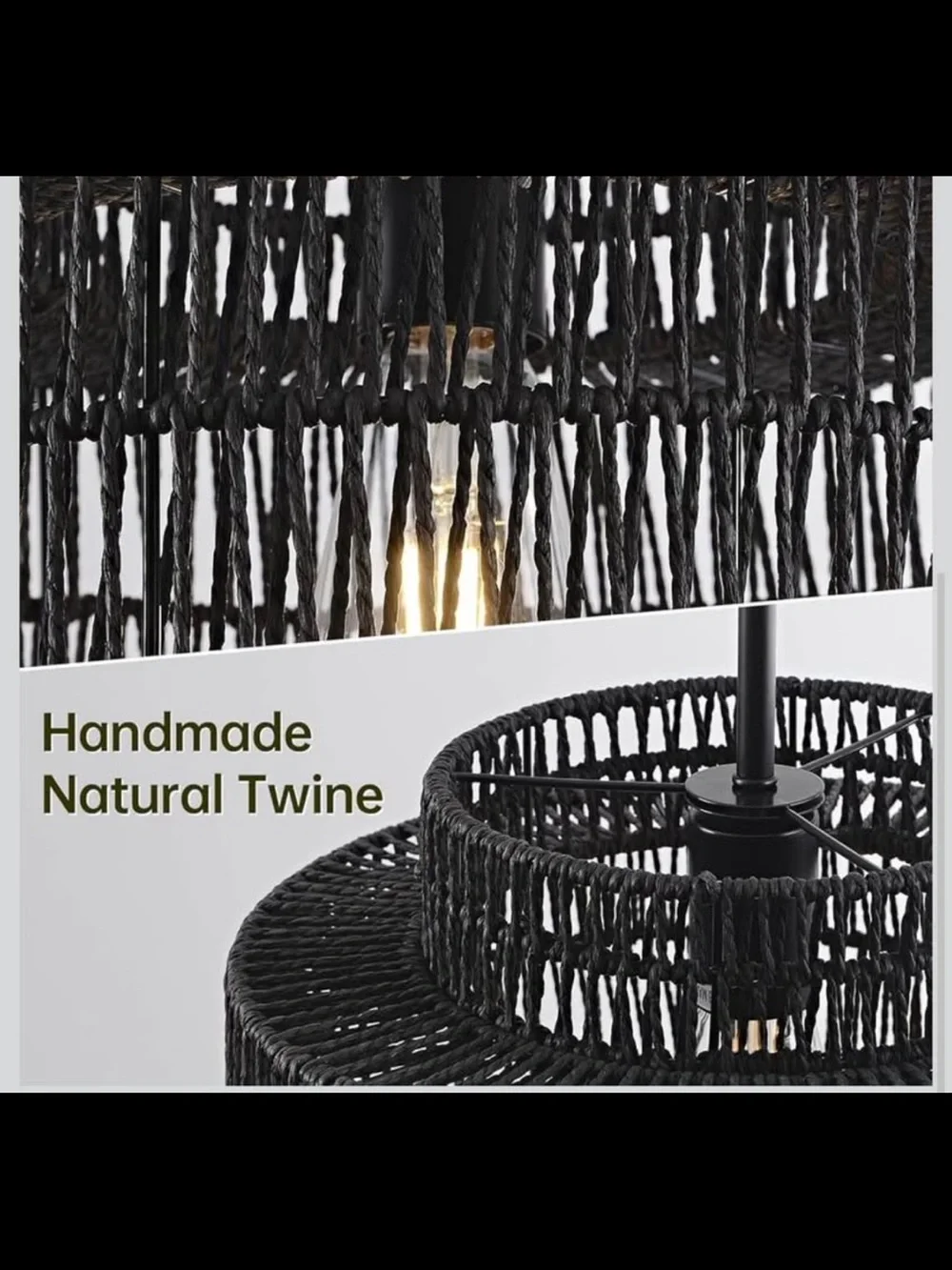 NIB 12.4” Black Boho Rattan Chandelier Light Fixture, 1-Light Hand Woven Pendant